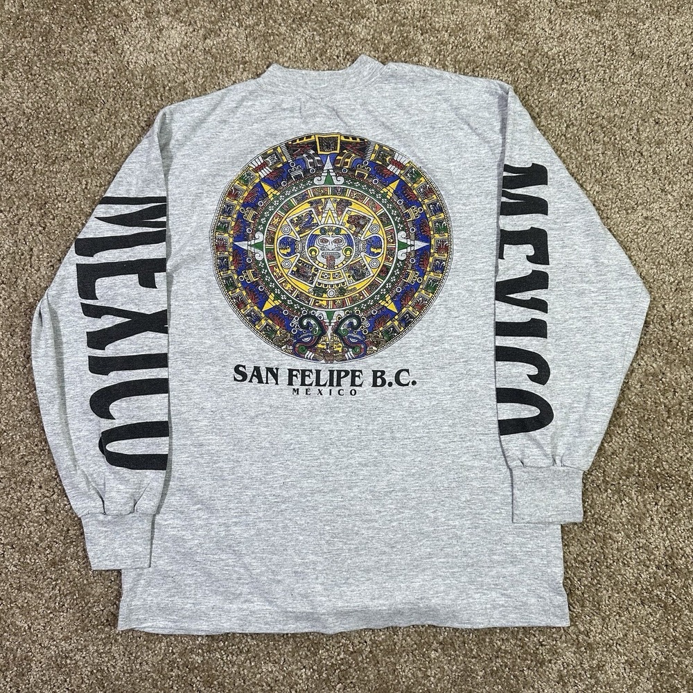 Vintage 90s México Aztec Calendar T-shirt Long Sleeve Size Small Single Stitch